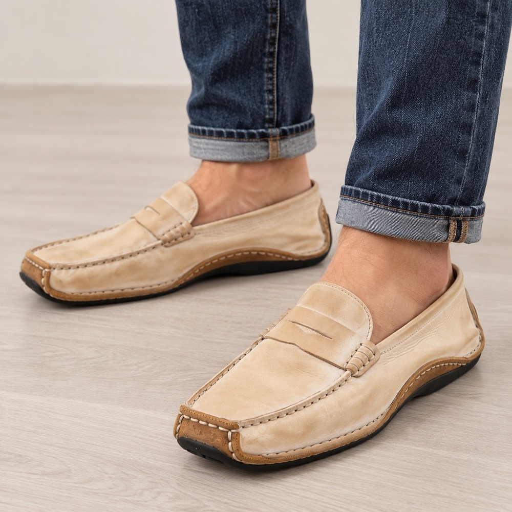 Hogan x Tod's Mens Beige Leather Penny Loafers Burnished Driving Shoes Italian
